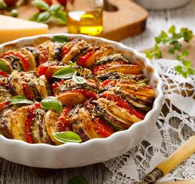 Vegetable tian, Provencal vegetable casserole, delicious and nutritious vegetarian meal, close-up