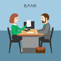 The loan processing. The bank manager prepares the contract with the client. Financial advisor. Vector illustration.