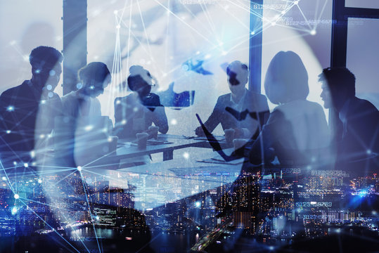 Network background concept with business people silhouette and city skyline at night. Double exposure and network effects