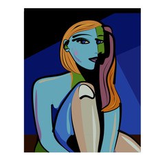Colorful abstract background, cubism art style,blue woman portrait