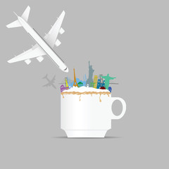 airplane and cup of coffee with historic famous monuments illustration