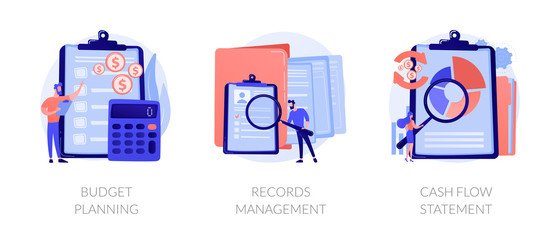 Money savings estimation, files organization system, financial report icons set. Budget planning, records management, cash flow statement metaphors. Vector isolated concept metaphor illustrations