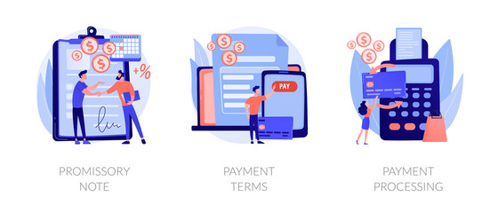 Money loan contract, exchange bill, online banking service, cash withdrawal icons set. Promissory note, payment terms, payment processing metaphors. Vector isolated concept metaphor illustrations