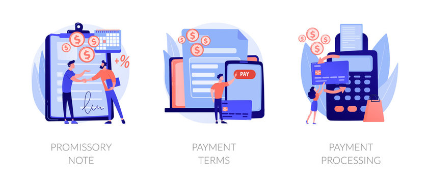 Money loan contract, exchange bill, online banking service, cash withdrawal icons set. Promissory note, payment terms, payment processing metaphors. Vector isolated concept metaphor illustrations