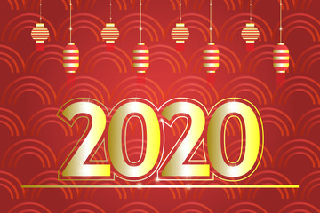 Chinese New Year 2020 vector illustration with red background, cloud pattern and lamp.