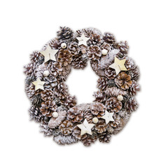 Christmas wreath, Christmas garland on a white background. Isolated Christmas decoration. top view of decorative festive wreath with red and golden christmas toys isolated on white.