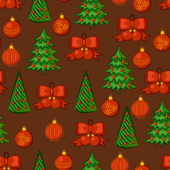 Christmas trees and decorations on brown background. Seamless pattern. Vector illustration.