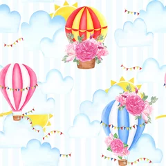 Stickers fenêtre Animaux avec ballon Modèle sans couture avec montgolfières, aquarelle. Pour cartes design, banquiers, textile