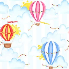 Gordijnen Naadloze patroon met heteluchtballonnen, aquarel. Voor ontwerpkaarten, bankiers, textiel © Татьяна Пушная