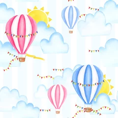 Tapeten Nahtloses Muster mit Heißluftballons, Aquarellmalerei. Für Designkarten, Banker, Textil © Татьяна Пушная