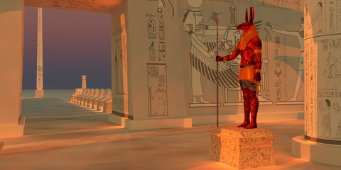 Seth God Statue - A statue of the god Seth stands in an Egyptian temple fronted by a tall obelisk and a row of sphinx.