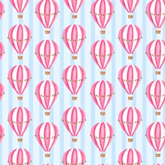 Cercles muraux Animaux avec ballon Modèle sans couture avec montgolfières, aquarelle. Pour cartes design, banquiers, textile