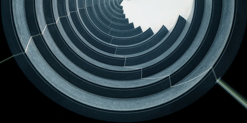 Digitally rendered image of curvilinear balconies. Modern architecture seen from low angle. Hi-rise building exterior. Modular architectural structure of multistory house. Round geometric composition.