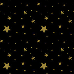 Dark seamless pattern with gold stars on black background. Vector illustration.