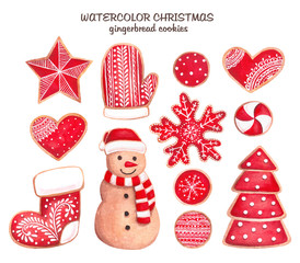 Set of gingerbread cookies. Watercolor christmas and new year illustration. Holiday cookies.