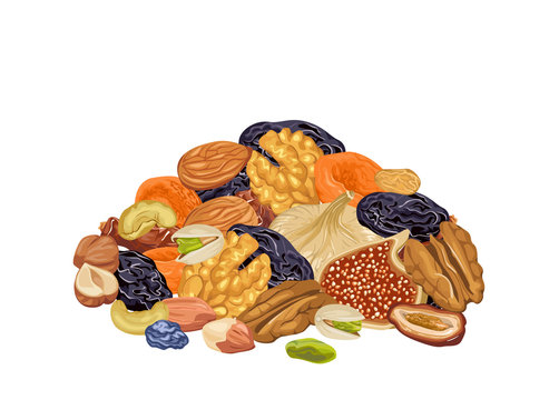 Pile of various dried fruits and nuts isolated on white background. Vector illustration of healthy organic food in cartoon flat style.