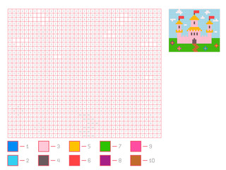 Pink Castle. Educational coloring on the cell with the numbers for children. Cross stitch pattern. Vector illustration