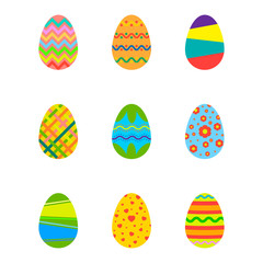 Set of painted eggs on an isolated white background in flat design. Happy Easter. Religious holiday