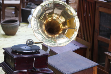 Vintage Brass Gramophone Record Player Phonograph With Golden Speaker