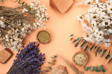Modern apothecary concept. Herbs, collagen and essential oils in still life compositions
