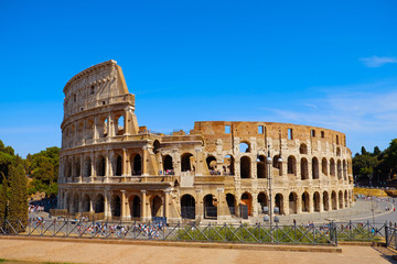 Fototapeta na wymiar Coliseum Flavian amphitheater (Anfiteatro Flavio, Colosseo) in Rome, Italy. Colosseum forum view, famous tourist landmark. Antique roman gladiator arena.