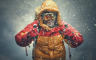 Foto auf Acrylglas Mount Everest Bergsteiger, der den Gipfel erreicht. Schneesturm.