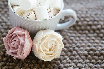 A cup of cocoa or chocolate next to a rose-shaped marshmallow. Warm cozy square background.