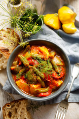 Vegan goulash from a variety of vegetables with the addition of herbs and aromatic spices top view