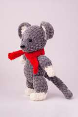 Funny knitted teddy mouse, Side view, white background