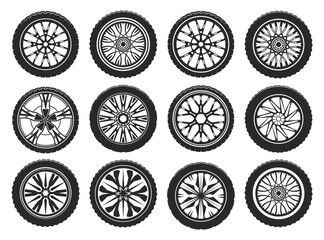 Vector icons of car tires, light alloy wheel rims - obrazy, fototapety, plakaty
