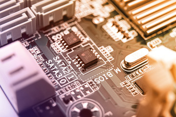 Modern printed circuit board, electronic circuit board, textolite. Background banner. Mother board,...