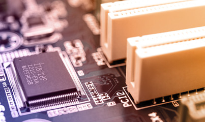 Modern printed circuit board, electronic circuit board, textolite. Background banner. Mother board,...