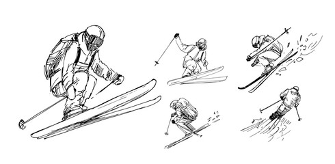 Sketches of  skiers. Outline with transparent background. Hand drawn illustration converted to vector