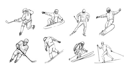 Winter sports. Snowboarder, skier, hockey player. Set of black outlines with transparent background
