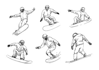 Sketch of snowboarders. Set of vector outlines with transparent background.