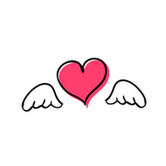 Cute doodle illustration with the image of a heart with wings for the day of lovers