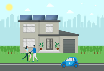 Obraz na płótnie Canvas Ecohouse, a clean, smart city and a happy family. A man, woman and child are standing near their house with solar panels. There is an electric car on the road. Flat vector illustration on a blue back