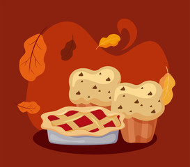 Cake and muffins of autumn season vector design