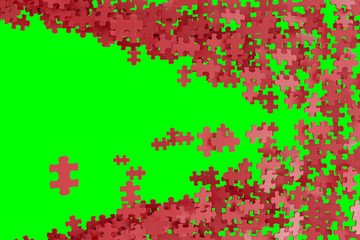 Puzzle pieces scattered by directional wind across the green screen