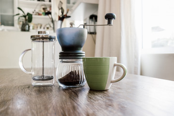 home coffee equipment on a wooden bench