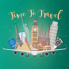 Time to travel. Banner for travel. Sights of the world, a suitcase for travel. Stock banner for travel advertising.