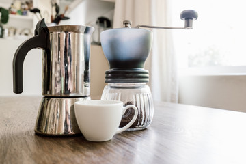home coffee equipment on a wooden bench