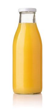 Front view of orange juice glass bottle
