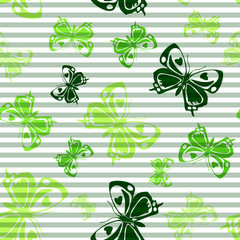 Flying butterfly silhouettes over striped background vector seamless pattern.