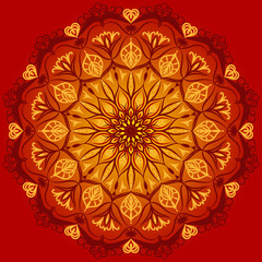 Round brown with a yellow mandala on a brown-yellow gradient background. Vector oriental ornament. 