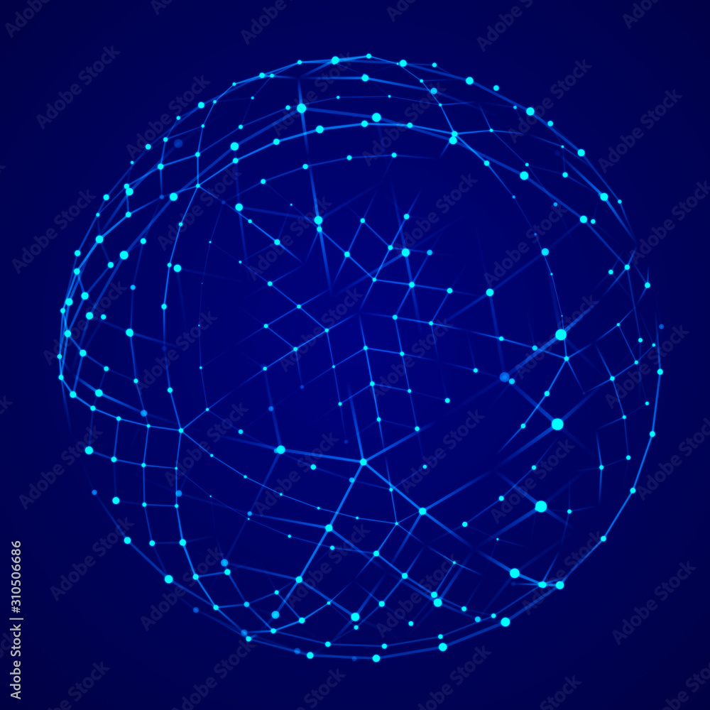 Aufkleber Abstract 3d futuristic sphere with connecting dots. Wireframe technology blue sphere. 3d rendering.