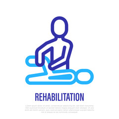 Rehabilitation, physiotherapy thin line icon. Exercises with therapist after injury. Vector illustration.