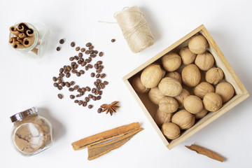 Beautiful layout of coffee beans and spices