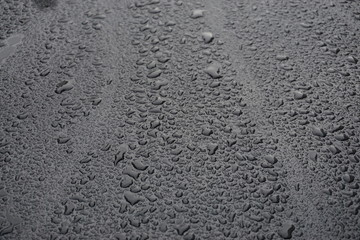 rain drops on the hood of a grey car