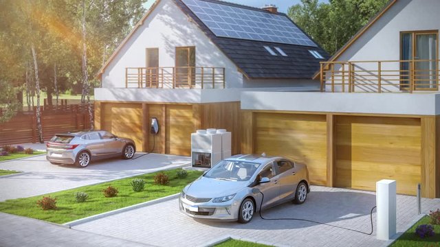 electric vehicle of the future using smart electric car charging station at home frontal perspective 3d render